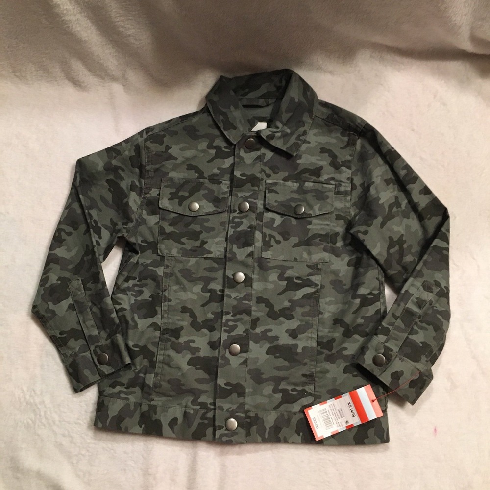 Cat & Jack Camo Denim Trucker Jacket Kids XS 4/5 Green NWT Camouflage Snap Front